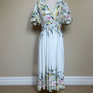 Maxigerui Lemon Print Maxi Dress L |Smocked Waist Puff Sleeve V-Neck Summer Midi